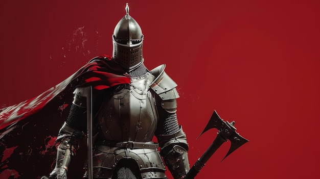 A knight in full armor stands holding an axe He is wearing a red cape and has a determined look on his face The background is a deep red color