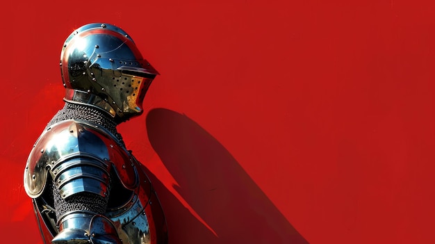 A knight in full armor stands in profile against a bright red background