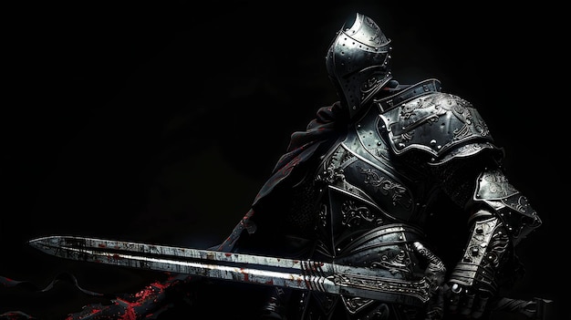 Photo a knight in full armor stands with a sword a dark menacing presence against a black background