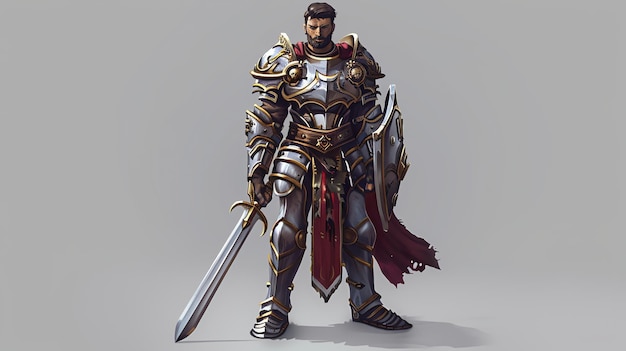 A knight in full armor stands with sword and shield