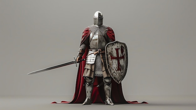 A knight in full armor with a red cape and a sword