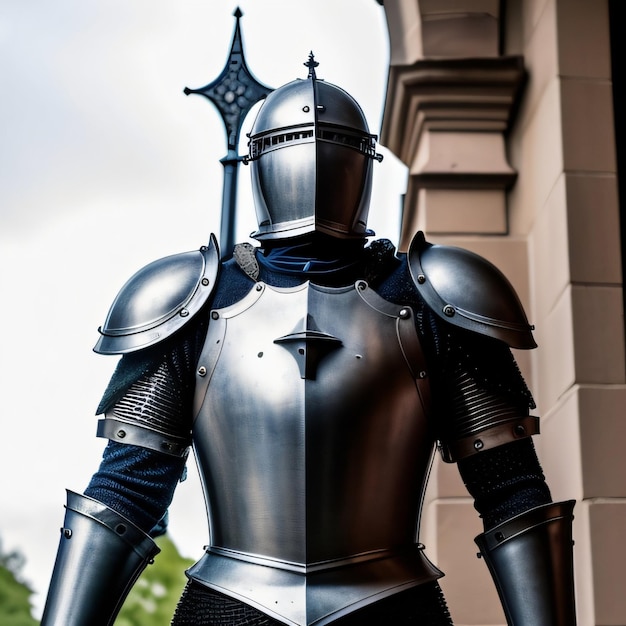 A knight in a full armour stands in front of a building.