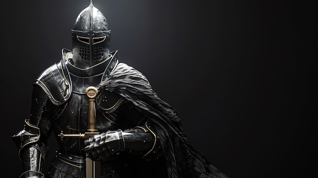 A knight in full black armor holding a sword