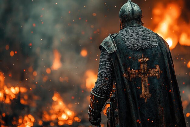 Photo knight in gleaming armor stands resolute amidst the fiery chaos and destruction of a burning villa