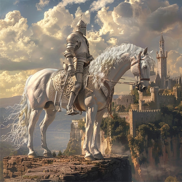 a knight on a horse is standing on a ledge with a castle in the background