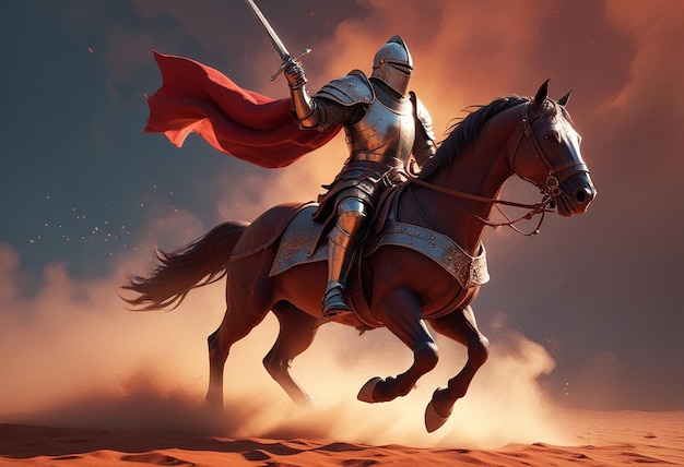 a knight on a horse with a red and black background