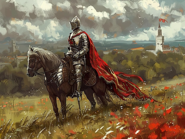 Photo a knight on a horse with a red cape on his head is riding a horse