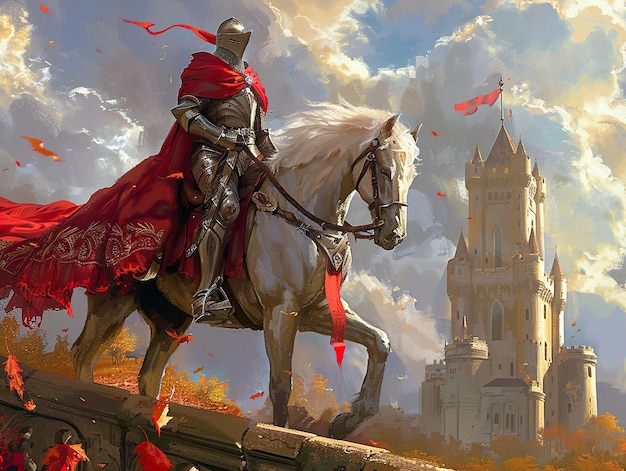 Photo a knight on a horse with a red cape and a sword