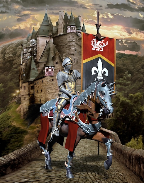 Knight on horseback on the background of the castle 3d illustration