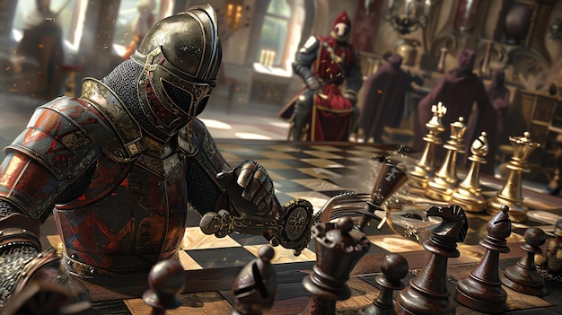 Photo a knight is playing chess with a sword and shield