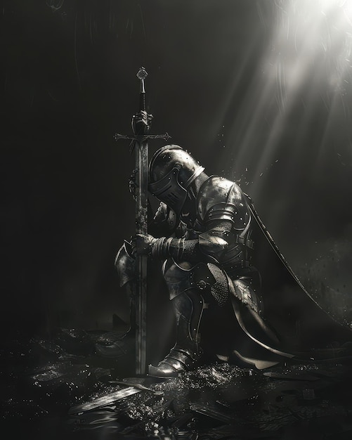 Photo a knight kneeling down with a sword in his hand