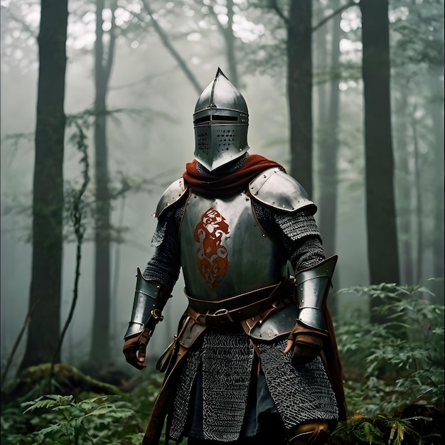 a knight in a knight armor stands in a forest with trees in the background