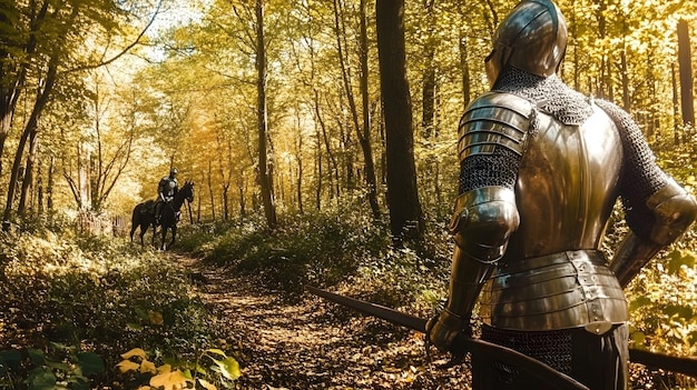 Photo a knight in a knights armor stands in a forest