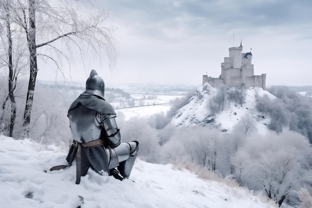 Knight looking to the castle on the hill at winter landscape generative ai