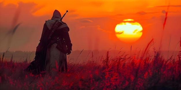 Photo knight observing sunrise after keeping watch all night concept fantasy medieval times sunrise knights duty