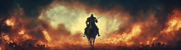 Photo knight riding a horse in movie scene action sequence made by generative ai