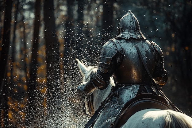 Photo knight riding a horse in movie scene action sequence made by generative ai