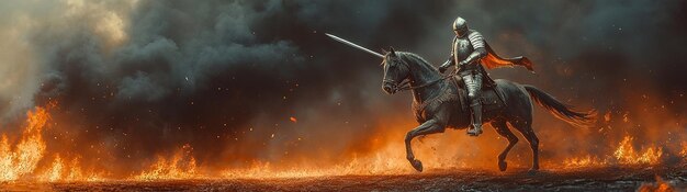 Photo knight riding a horse in movie scene action sequence made by generative ai