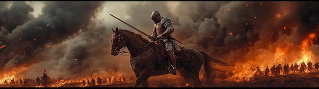 Photo knight riding a horse in movie scene action sequence made by generative ai