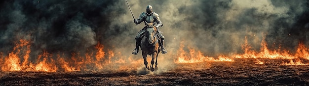 Photo knight riding a horse in movie scene action sequence made by generative ai