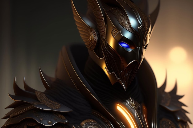 A knight's mask with blue eyes and a winged helmet.