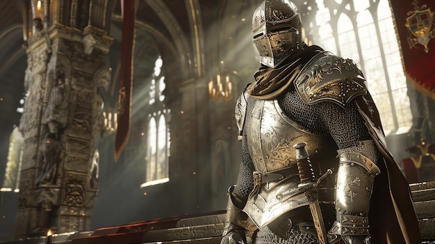 A knight in shining armor stands in a grand hall bathed in golden light