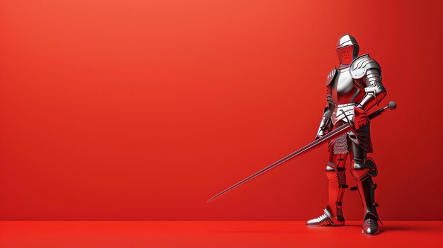 Photo a knight in shining armor stands on a red background