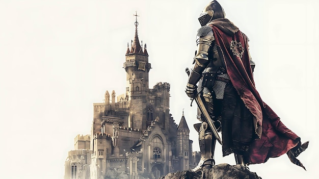 Photo a knight in shining armor stands with a sword in hand gazing upon a majestic castle in the distance