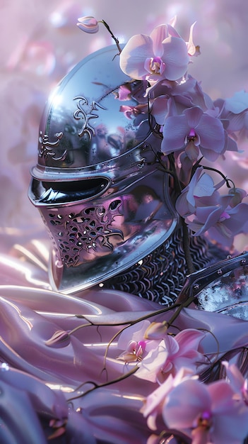 Photo a knight in a silver armor with purple flowers