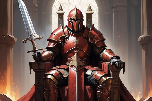 Knight sitting throne sword moderator rusty red helmet armor parallel content magic gathering