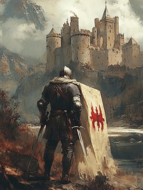 Photo knight standing before a majestic castle