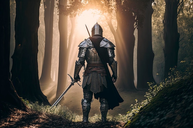 A knight stands in a forest with a sword in his hand.