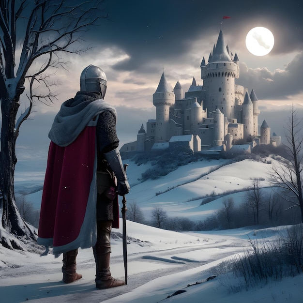 a knight stands in front of a castle with a full moon in the background