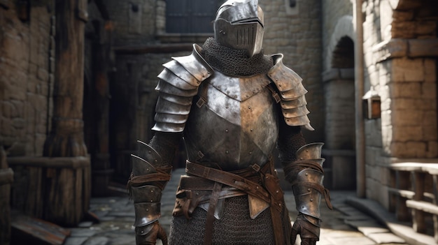 A knight stands in front of a castle.