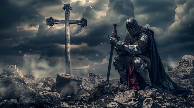 Photo a knight stands in front of a cross with a cross in the background