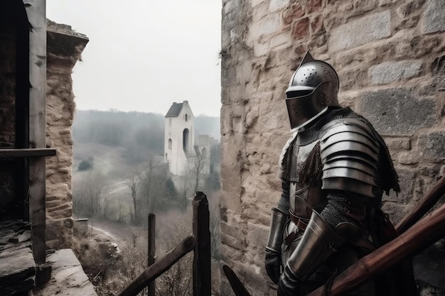 Knight in steel armor standing in old ruined castle generative ai