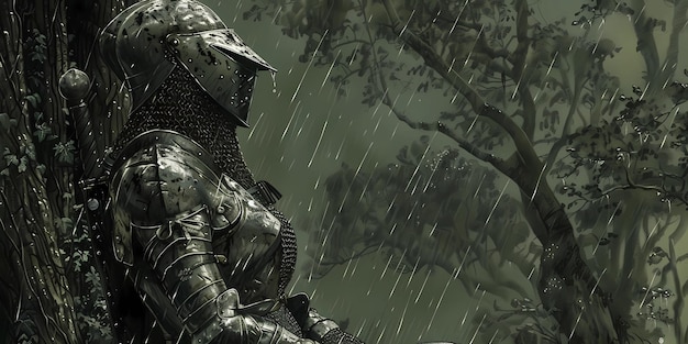 Photo a knight in a storm with a tree in the background