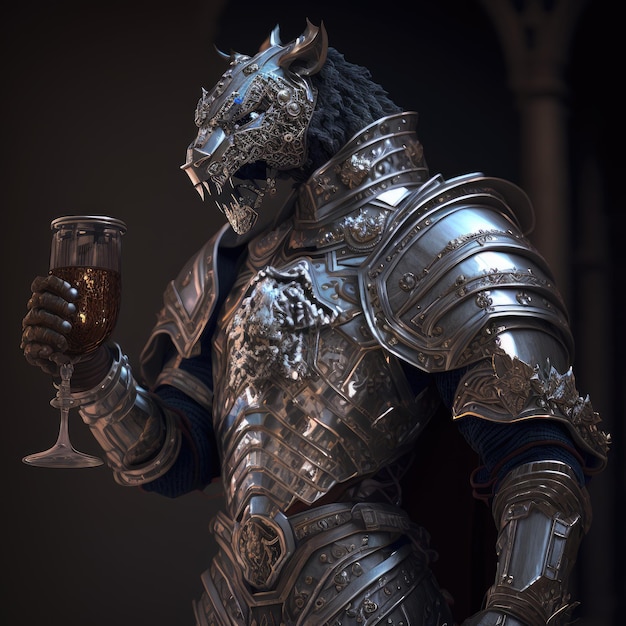 A knight wearing a full armor holds a glass of wine.