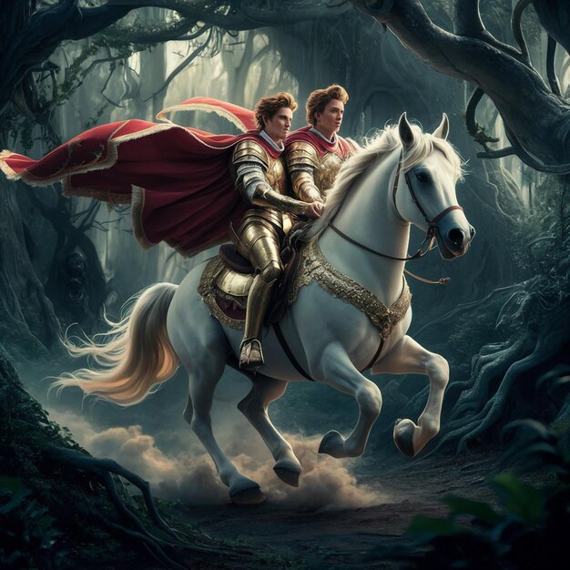 Photo a knight on a white horse with a red cape on the back