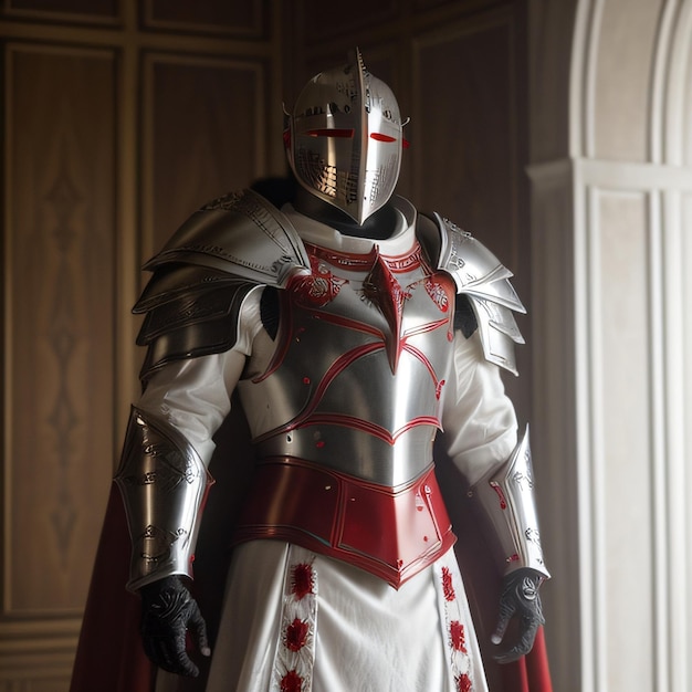 A knight in a white and red uniform stands in front of a door.