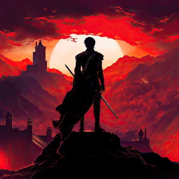 knight with armor and sword on top of a mountain with a castle in the background