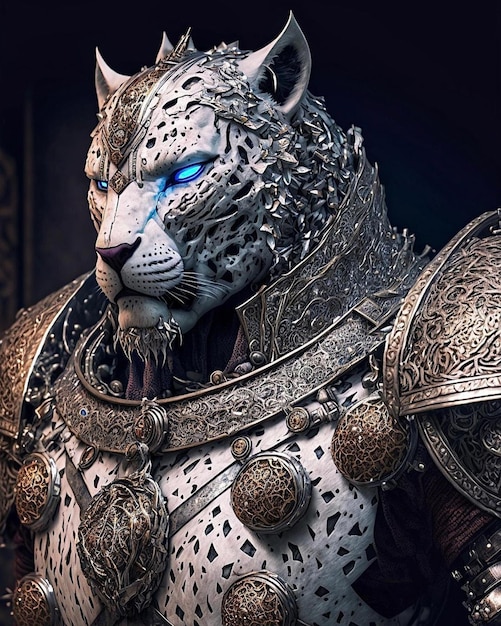 A knight with a blue eyes and a white tiger on his chest.