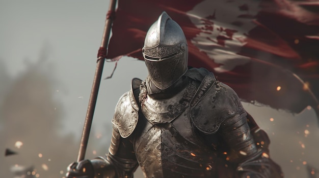 Knight with flag in armor on battlefield Sparks on castle background Middle Ages Victory in battle on battlefield