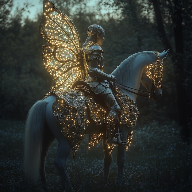 Photo a knight with gemstudded armor and wings on horseback fantasy magical realism