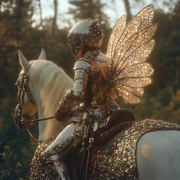 Photo a knight with gemstudded armor and wings on horseback fantasy magical realism