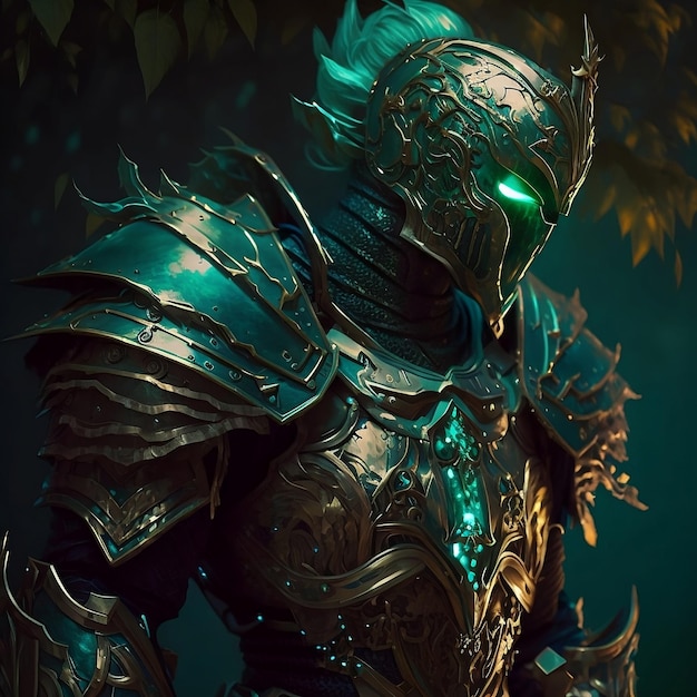 A knight with a green glowing face and a green glowing eyes.