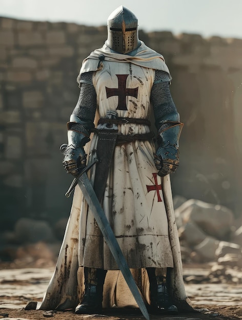 Photo a knight with a sword and a cross on his chest