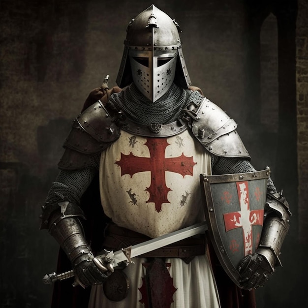 A knight with a sword and a cross on his chest