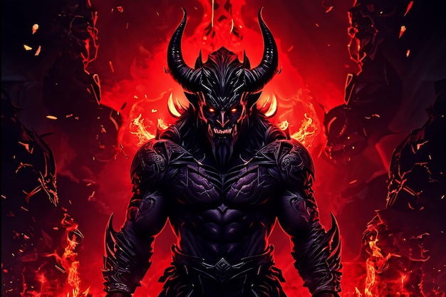 knight with a sword facing the lava demon in hell digital art style illustration painting