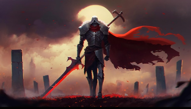 A knight with a sword and a red cape stands in front of a full moon.